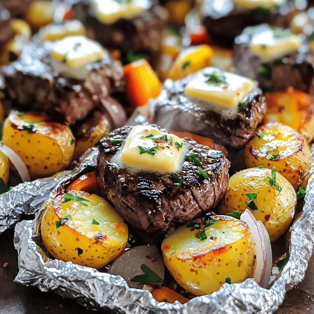 To make garlic butter steak and potato foil packets, gather these simple ingredients:
