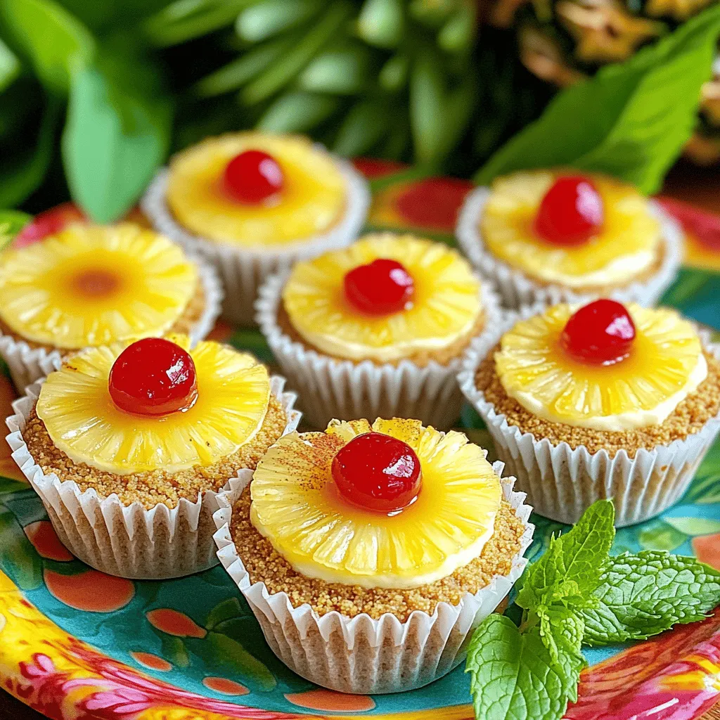 To make these tasty mini cheesecakes, gather these key items: - 1 cup graham cracker crumbs - 1/4 cup unsalted butter, melted - 1/4 cup sugar - 8 oz cream cheese, softened - 1/2 cup sour cream - 1/4 cup powdered sugar - 1 teaspoon vanilla extract - 1 can pineapple slices in juice, drained - 1/4 teaspoon ground cinnamon